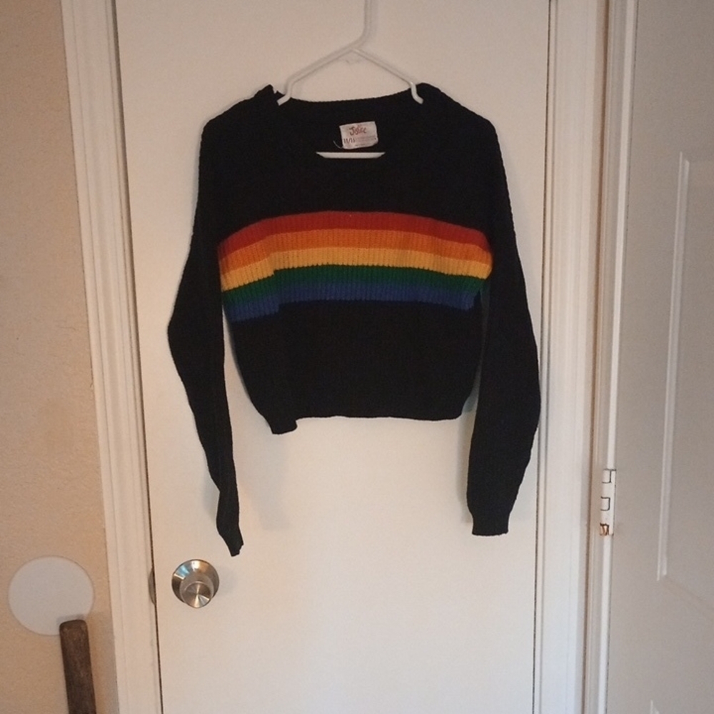 Wildfox Black Sweater with Rainbow Stripes